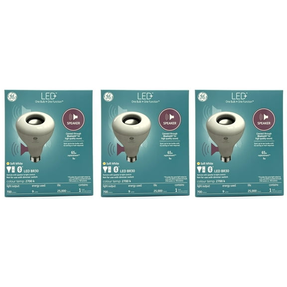 (case of 3) GE Lighting LED  Speaker Indoor Floodlight Bulb, Soft White, Bluetooth Speaker, No App or Wi-Fi Required, Remote Included, BR30 Indoor Floodlight Bulb (1 Pack)