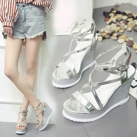 

GWAABD Comfortable Loafers for Women Fashionable Summer Roman High-heeled One-word Button Sloping Heel Women s Shoes