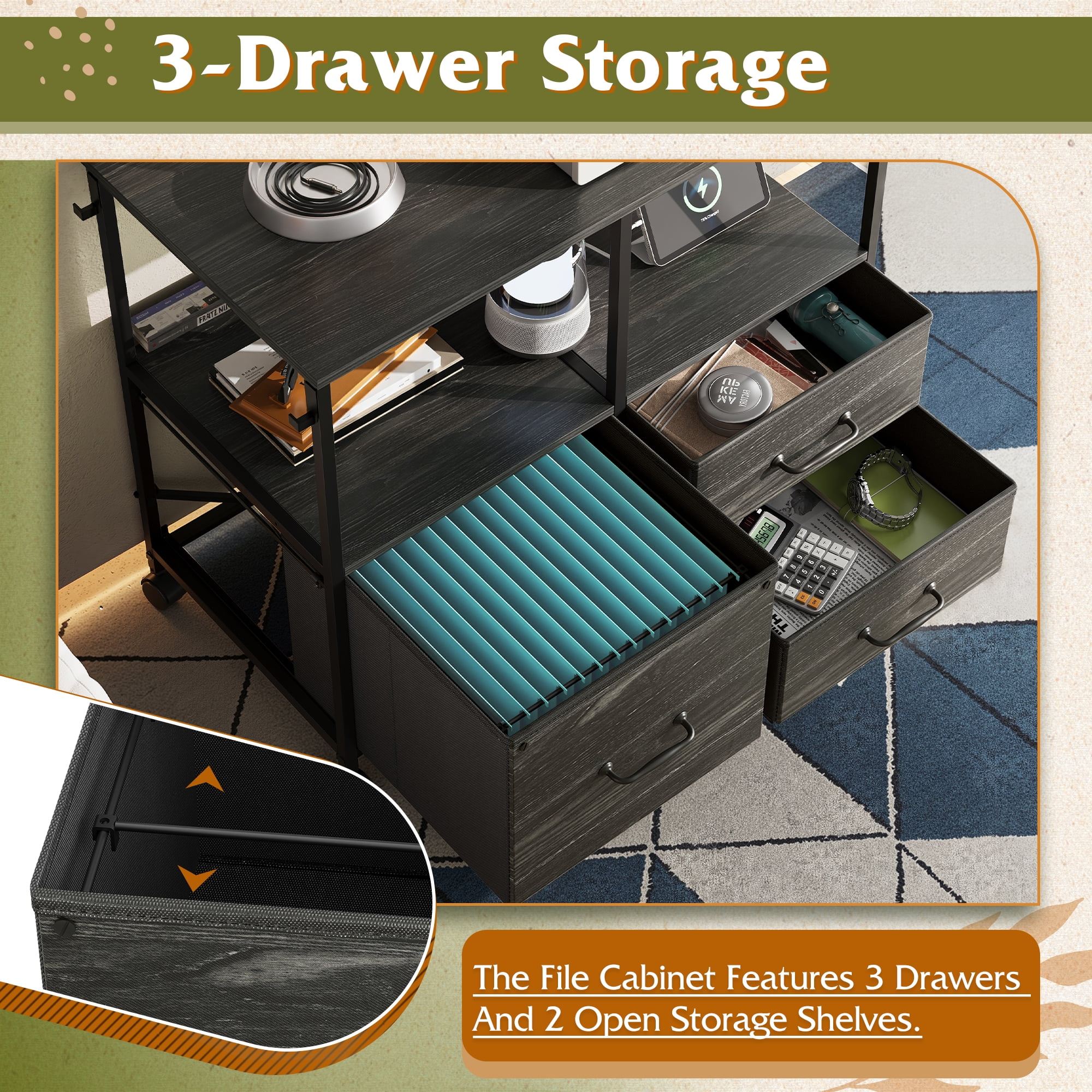 GALAXHERO 3 Drawer File Cabinet with Charging Station, Mobile Printer Stand with Storage Shelves, Filing Cabinet Furniture for Home Office, Fits Letter/A4, Black Wood Grain Print