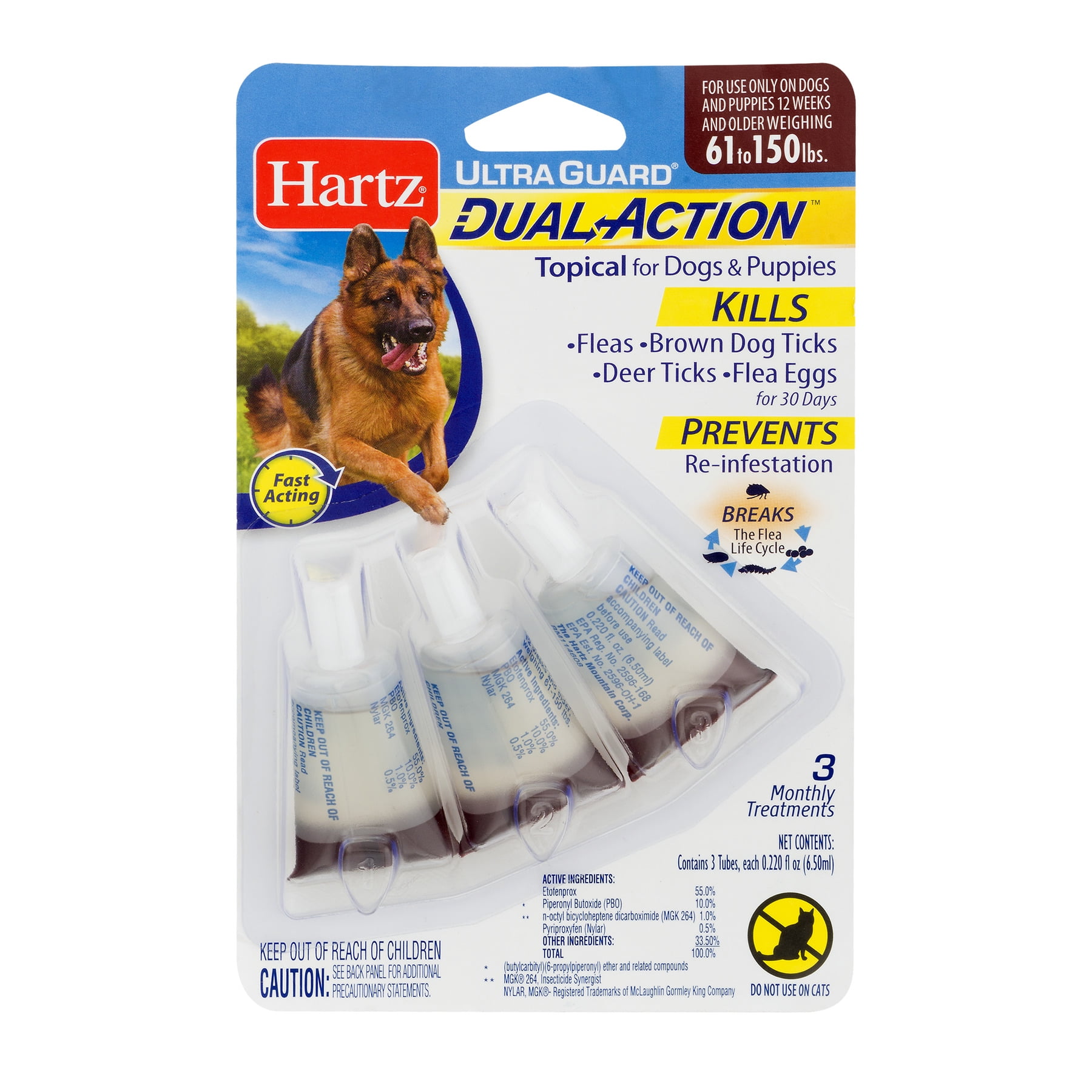 Hartz UltraGuard Dual Action Flea And Tick Topical For Dogs 61-150lbs, 3 Monthly Treatments