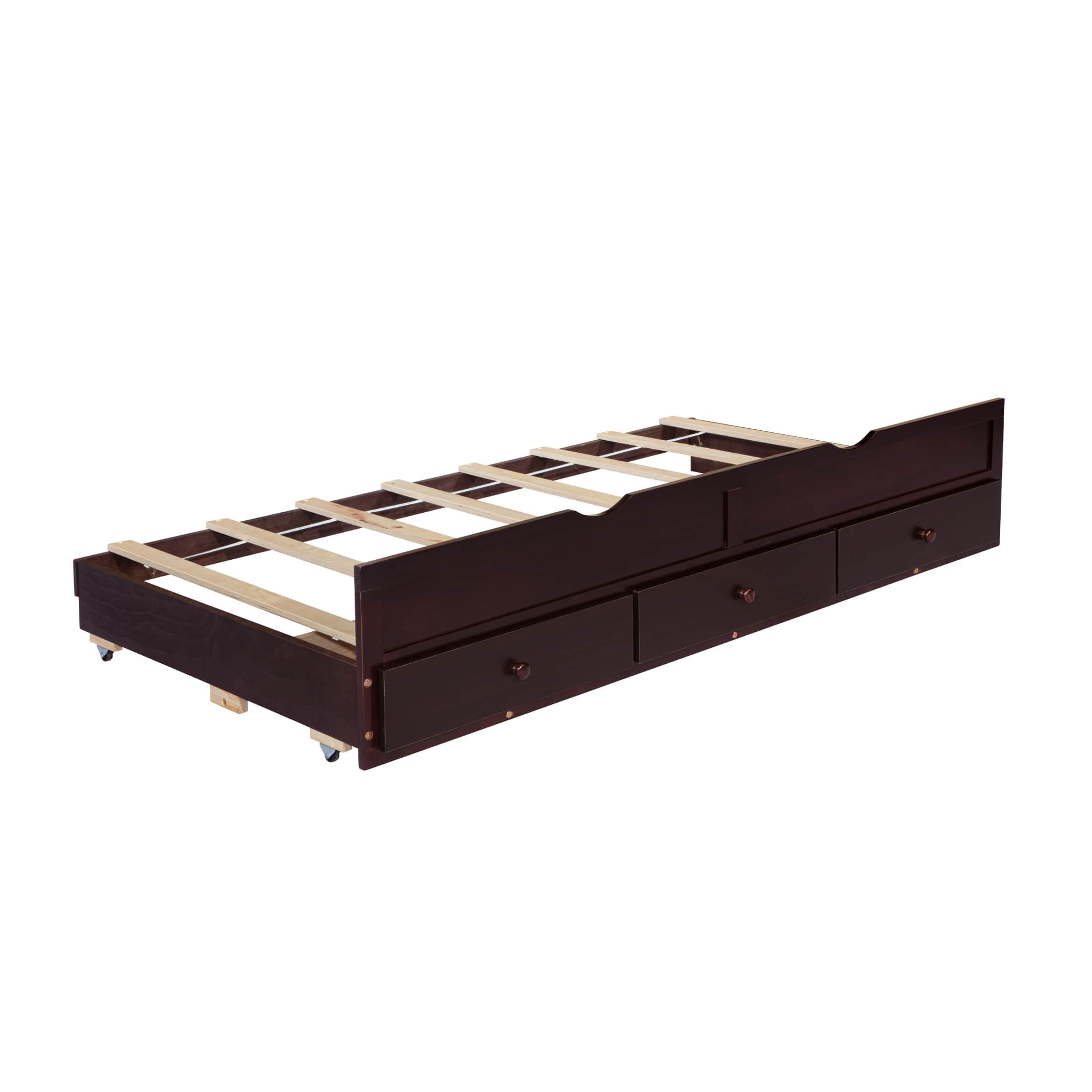Noble House Nestin Twin Bed Frame with Trundle and Three Storage Drawers, Solid Pine Wood Frame, Espresso