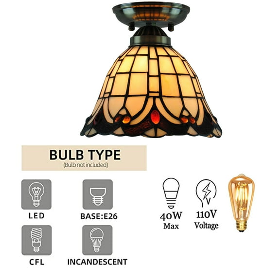 Vintage Tiffany Style Stained Glass Drum Shade Flush Mount Ceiling Light Fixture