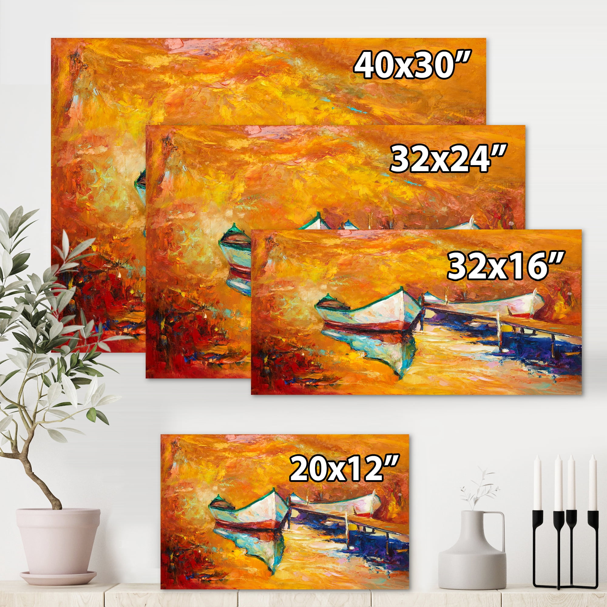 Designart ' Little Boat During Warm and Orange Evening ' Nautical & Coastal Canvas Wall Art Print