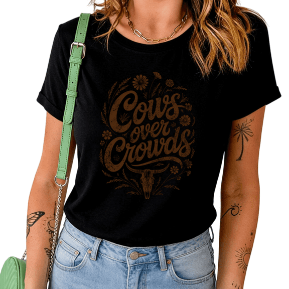 UNISHE Women's Cows Over Crowds Vintage Floral Longhorn Skull Letter Graphic Short Sleeve T-Shirt Western Country Crewneck Cotton Casual Top