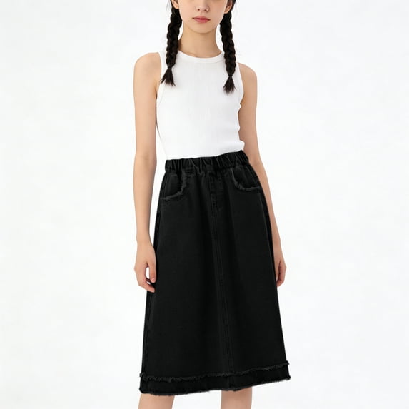 Gamivast Jean Skirts for Girls High Waisted Midi Skirt Elastic Waist with Pockets Casual Skirt Modest Skirt Frayed Hem A-Line Bak to School Skirt Daily Wear Black 8-9Years