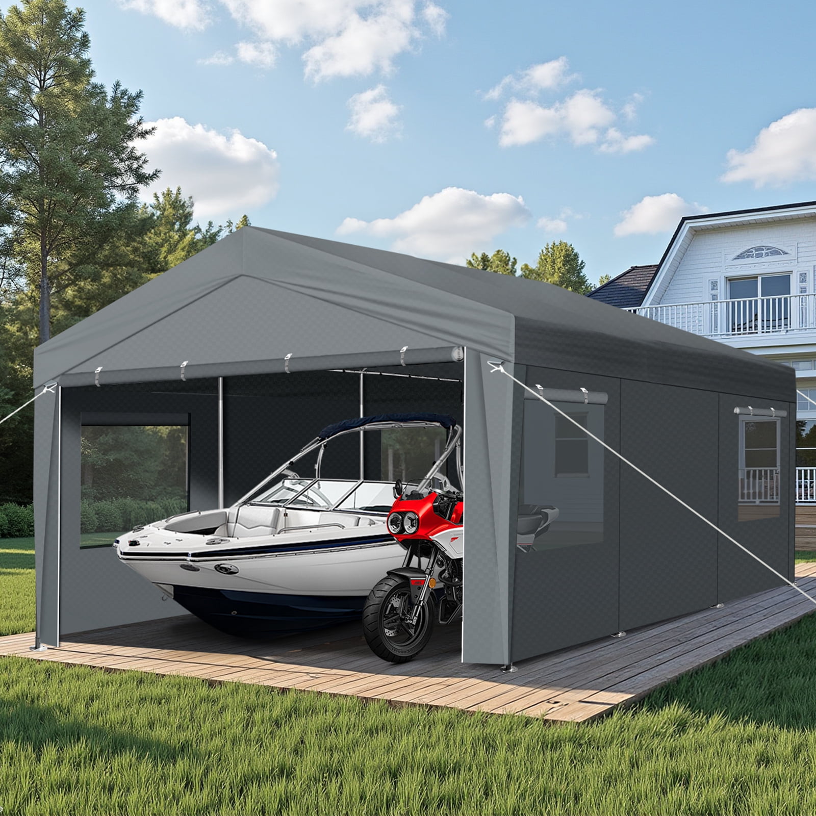 10x20FT Grey Carport Canopy - Heavy-Duty Steel Frame & UV-Resistant PE Cover for Driveways, Gardens, Outdoor Events, Vehicle Protection