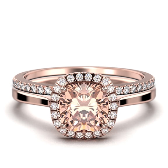 Dazzling Halo 2.05 Carat Cushion Cut Morganite And Diamond Moissanite Engagement Ring, Wedding Ring, One Matching Band in 925 Sterling Silver With Plain 18k Rose Gold Plating Shank Gift For Her