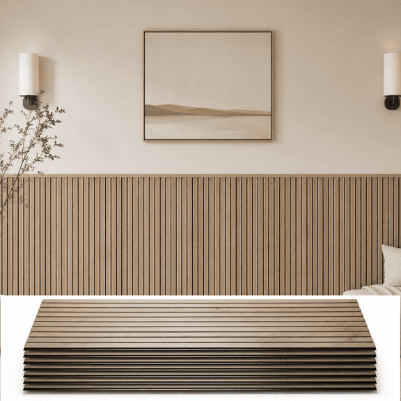 PVC Wainscoting Wall Panels, 8-Pack 47.2 x 11.8 in Wood Slat Wall Panel Kit with Top Trim, Covers 30.9 Sq.Ft, Decorative Half Wall Paneling for Living Room, Bedroom, Natural Oak