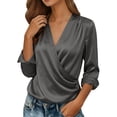 thumbnail image 6 of FDGIU Women's Satin Wrap V Neck Blouse, Long Cuff Sleeve Ruched Waist Solid Dressy Tops for Office Business Casual Daily Evening Outfits, 6 of 7