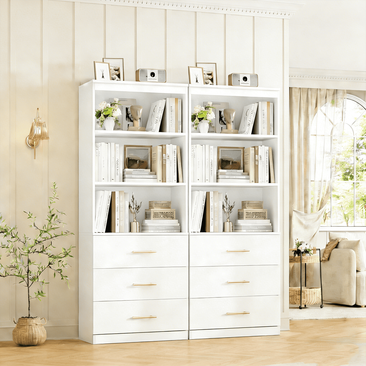 Frmobepts 71" Tall Bookcases with 3 Large Drawers & 3 Shelves, Wooden Bookshelf for Living Room Office, White