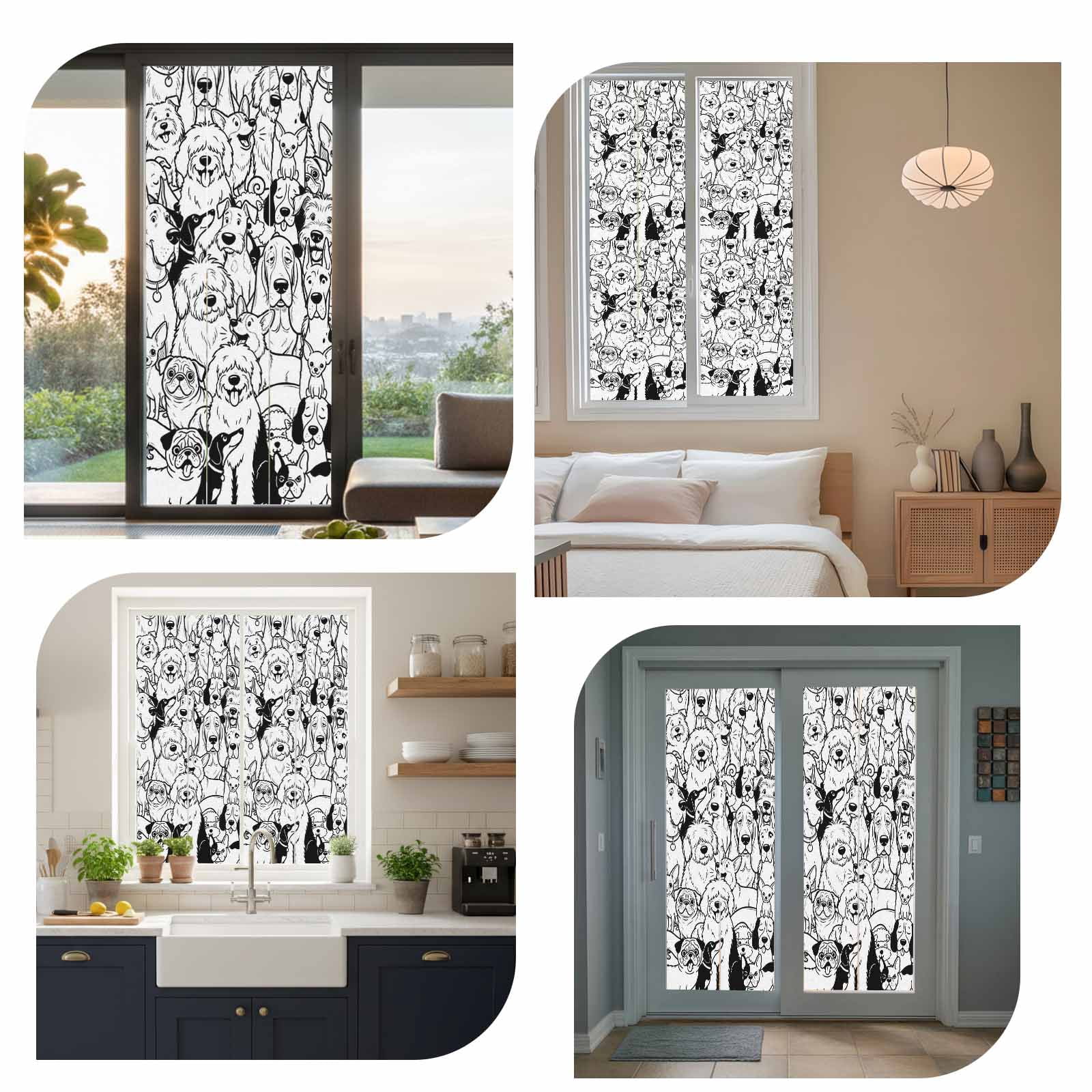 Cute Dag Window Privacy Film, Black White Lines Puppy Cartoon Animal Abstract Frosted Glass Window Clings Static Cling UV Heat Blocking Reusable Door Sticker for Bathroom 23.6 x 59 Inch