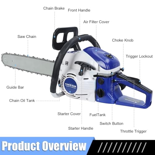 YNCE 58CC 20 Inch 2-Cycle Gas Powered Chainsaw, 8500r/min 3 HP Chainsaw Gas Powered, Low Kickback, Anti-Vibration, Protective Design for Tree Wood Cutting(Red)