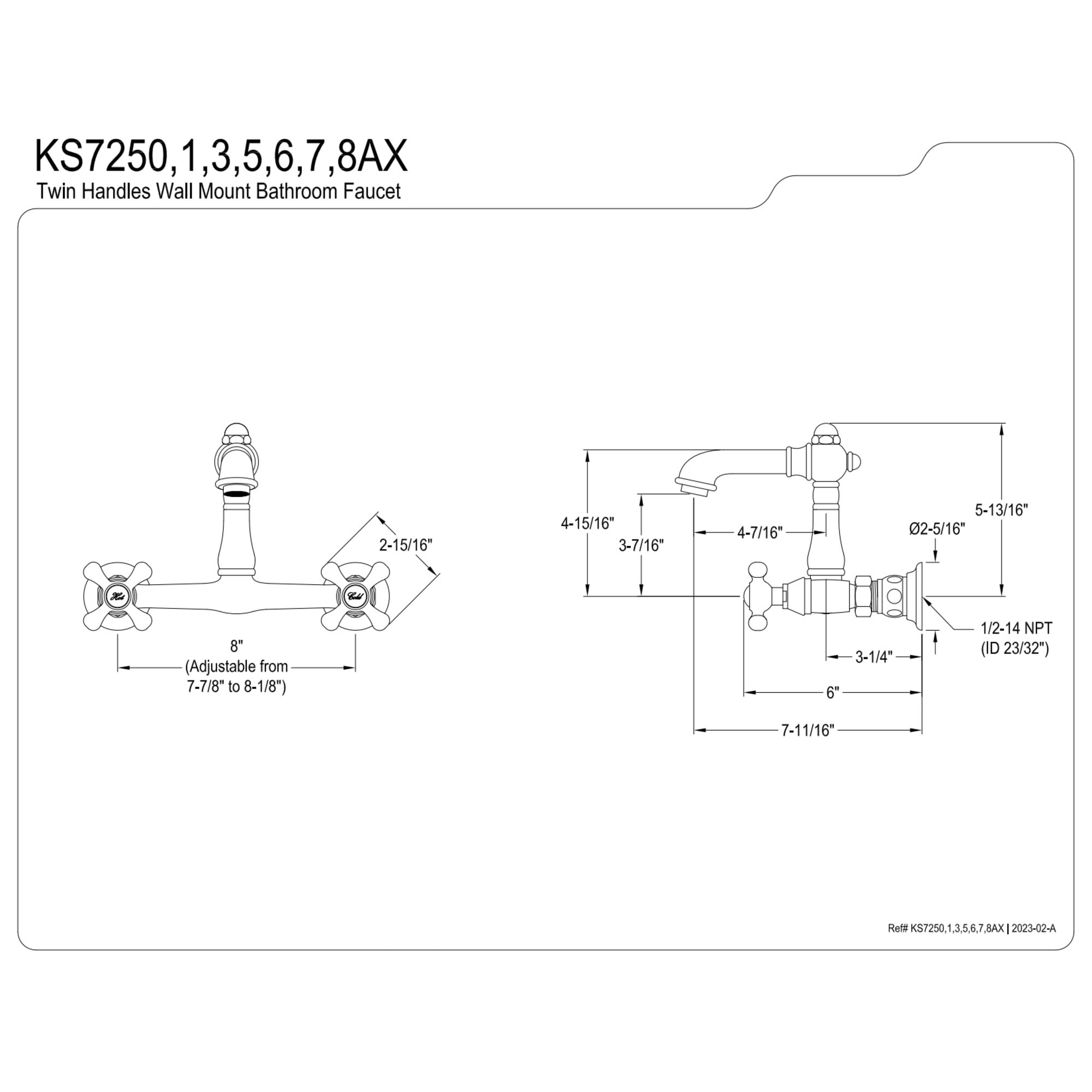 Kingston Brass KS7250AX English Country Double-Handle 2-Hole Wall Mount Bathroom Faucet in Matte Black