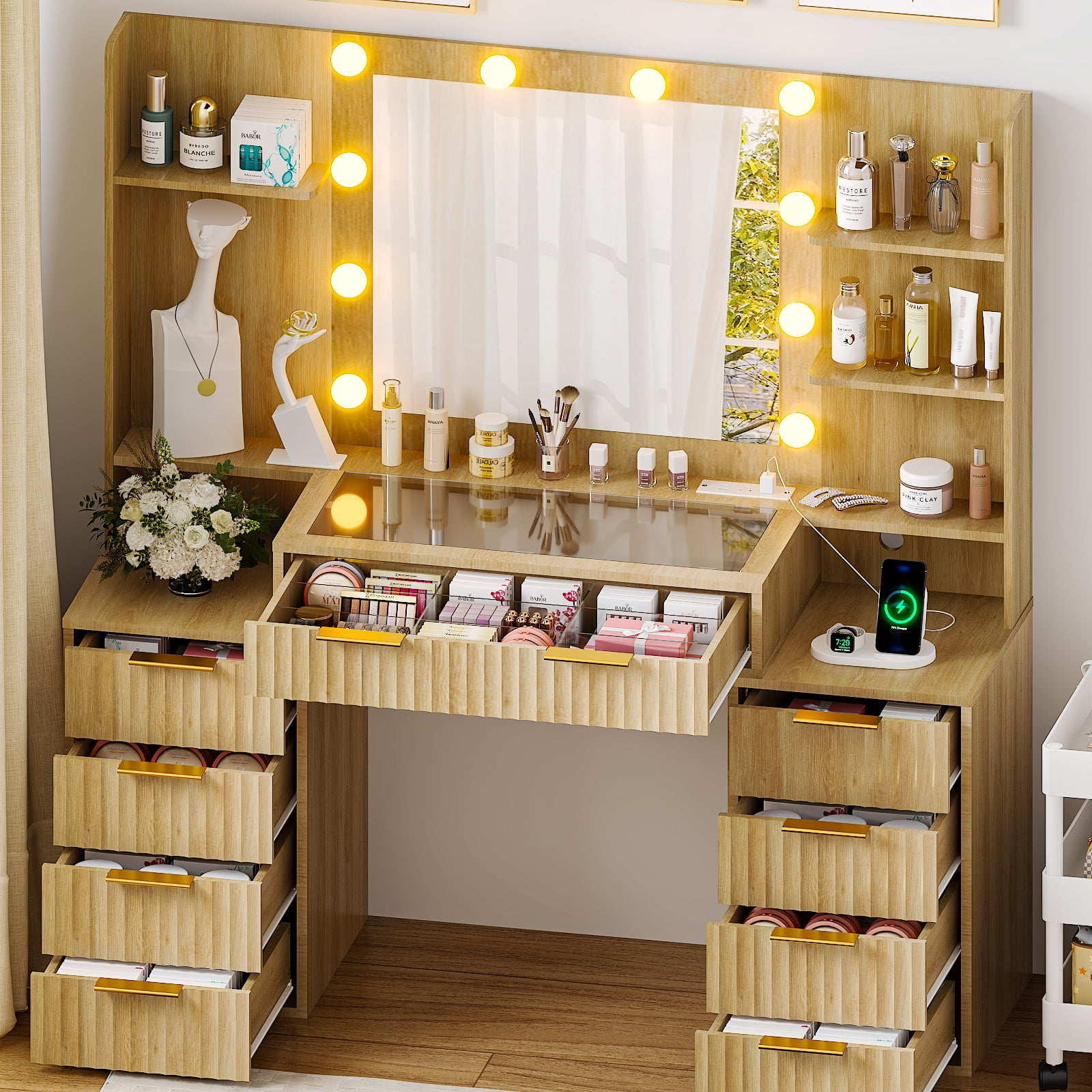 Ktaxon Large Makeup Vanity with 9 Drawers, Flutted Vanity Table Set with Lighted Mirror, Get Ready with Me, Wood Color