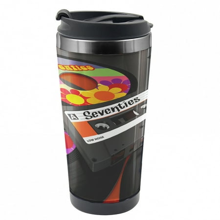 

70s Party Travel Mug Cassette Vinyl 70s Steel Thermal Cup 16 oz by Ambesonne