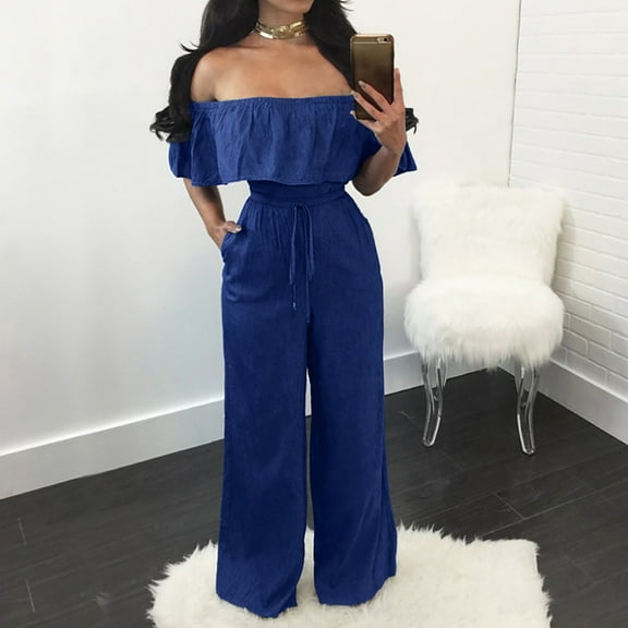 Boho off Shoulder Jumpsuit for Women Elegant Ruffle Tie Waist Long Romper with Pocket Slimming Wide Leg Pleated Outfits, Blue, XXXXL