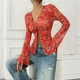 thumbnail image 4 of MORTTIC Women's Floral Print V-Neck Blouse - Long Sleeve Button Ruffle Detail Tops for Spring/Fall Red，S, 4 of 11