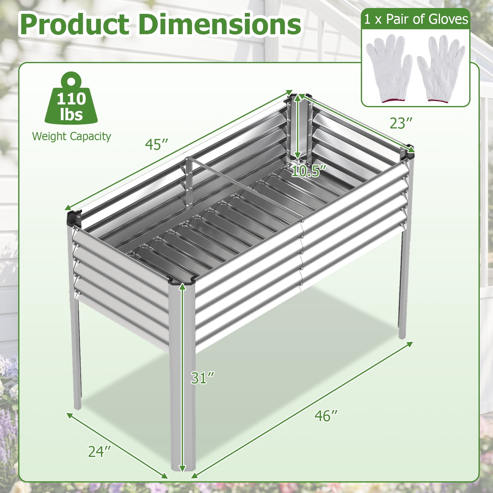 Costway 2 PCS Galvanized Raised Garden Bed with Legs, Metal Elevated Planter Box for Flowers Sliver