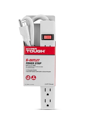 Hyper Tough 6 Outlet Power Strip with 2.5 ft Cord, White, Single Pack