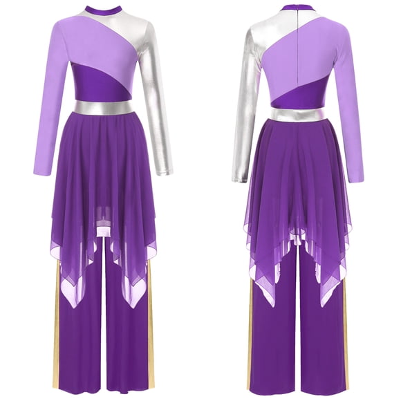 Mufeng Tenue de Danse Liturgique 2 Pcs pour Femmes Robe de Culte à Blocs de Couleur avec Pantalon Robe de Danse Lyrique Violette m