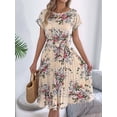 thumbnail image 5 of Women's Floral Elegant Pleated Midi Print Batwing Sleeve Tie Waist Dress for Daily Wear M, 5 of 10