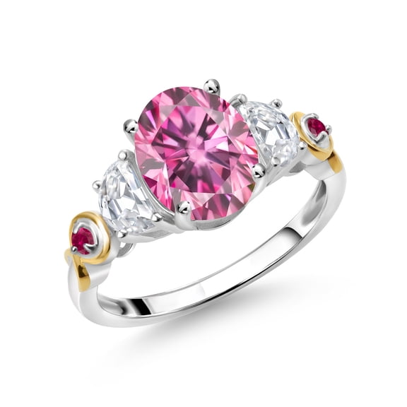 Gem Stone King 925 Silver and 10K Yellow Gold 3-Stone Ring Oval Pink and White Moissanite (2.50 Cttw, Size 8)