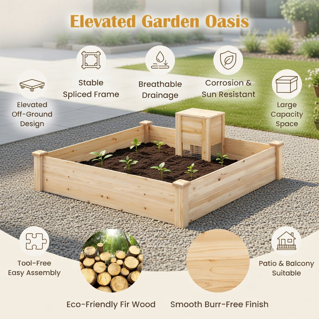 Topcobe 49" x 49" x 10" Raised Garden Bed with Compost Bin and Open-ended Bottom, Planters for Outdoor Plants, Raised Beds for Gardening, Natural