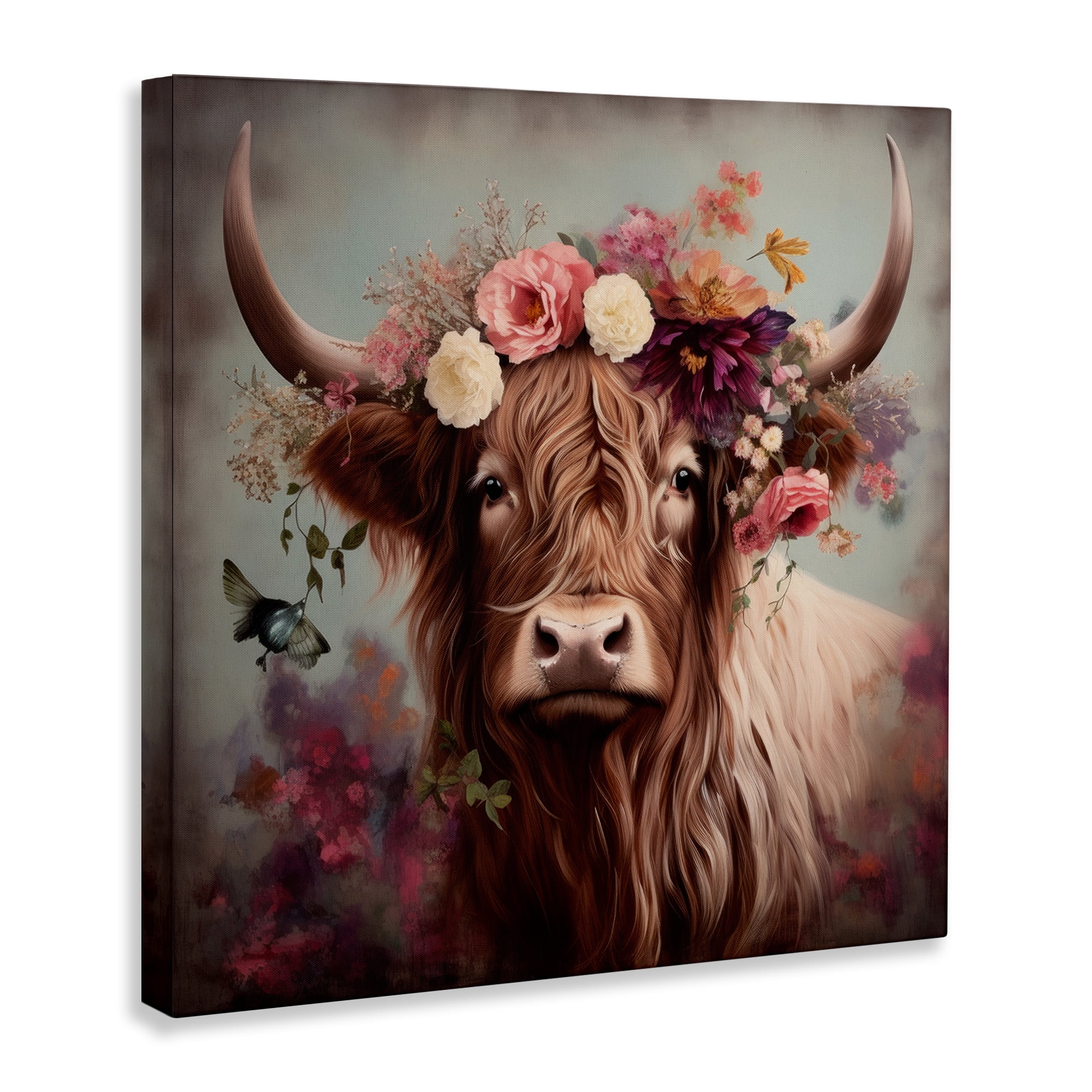 Stupell Industries Longhorn & Flower Garland Animals & Insects Painting Gallery Wrapped Canvas Art Print Wall Art, 36 x 36
