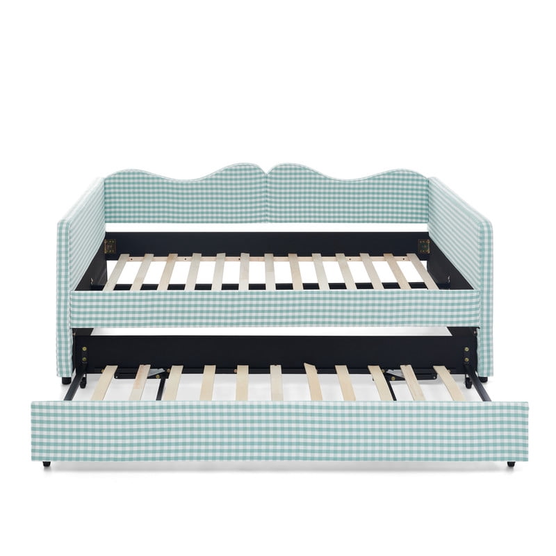 Full Size Gingham Daybed with Trundle, Upholstered Day Bed Frame with Side Storage Pocket & Wave-Shaped Backrest, Modern Sofa Bed for Living Room, Bedroom, No Box Spring Needed