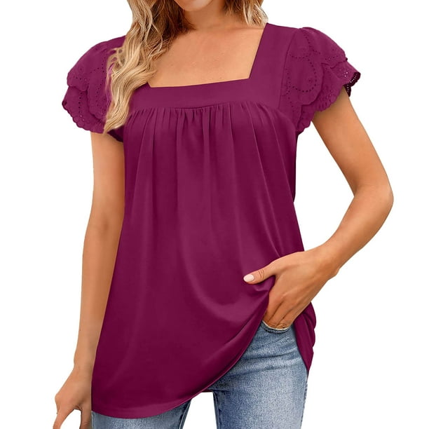 Cathalem Womens Crop Tops Short Sleeve Cotton T-Shirts Loose Fit Basic Tees  Split Hem,Purple L