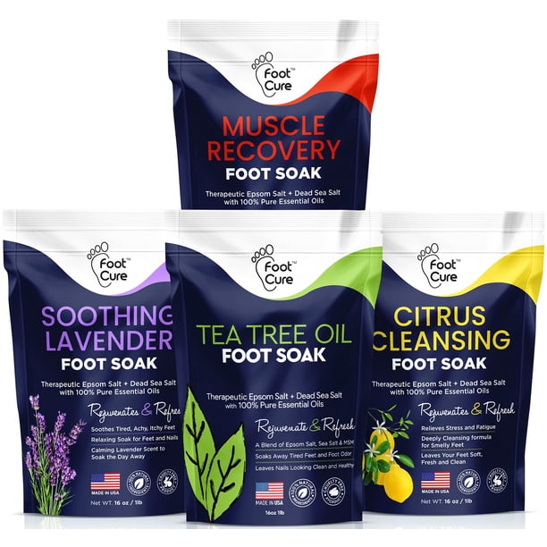 Foot Soak FOOT CURE, paquete variado de 4 con sal de Epsom y aceite de árbol de té