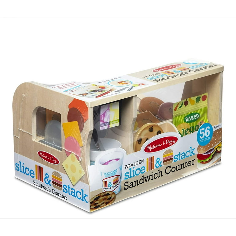 Melissa & Doug Wooden Slice & Stack Sandwich Counter with Deli Slicer  56-Piece Pretend Play Food Pieces 