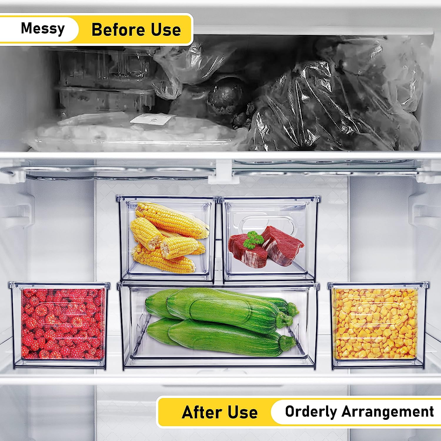 Felizhouse 4 Pack Refrigerator Organizer Bins with Pull-out Drawer Stackable Clear Fridge Drawer Organizer Fruit Vegetable Storage Containers for Kitchen Pantry Organization (2 Large+2 Small)