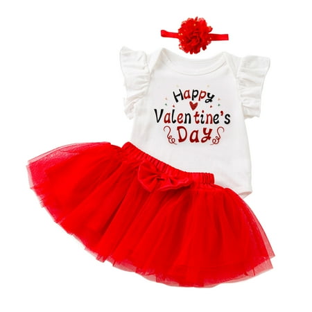 

ViLaViDe Toddler Girls Valentine s Day Fly Sleeve Letter Prints Romper Bow Tie Net Yarn Short Skirts Kids Headbands Outfits