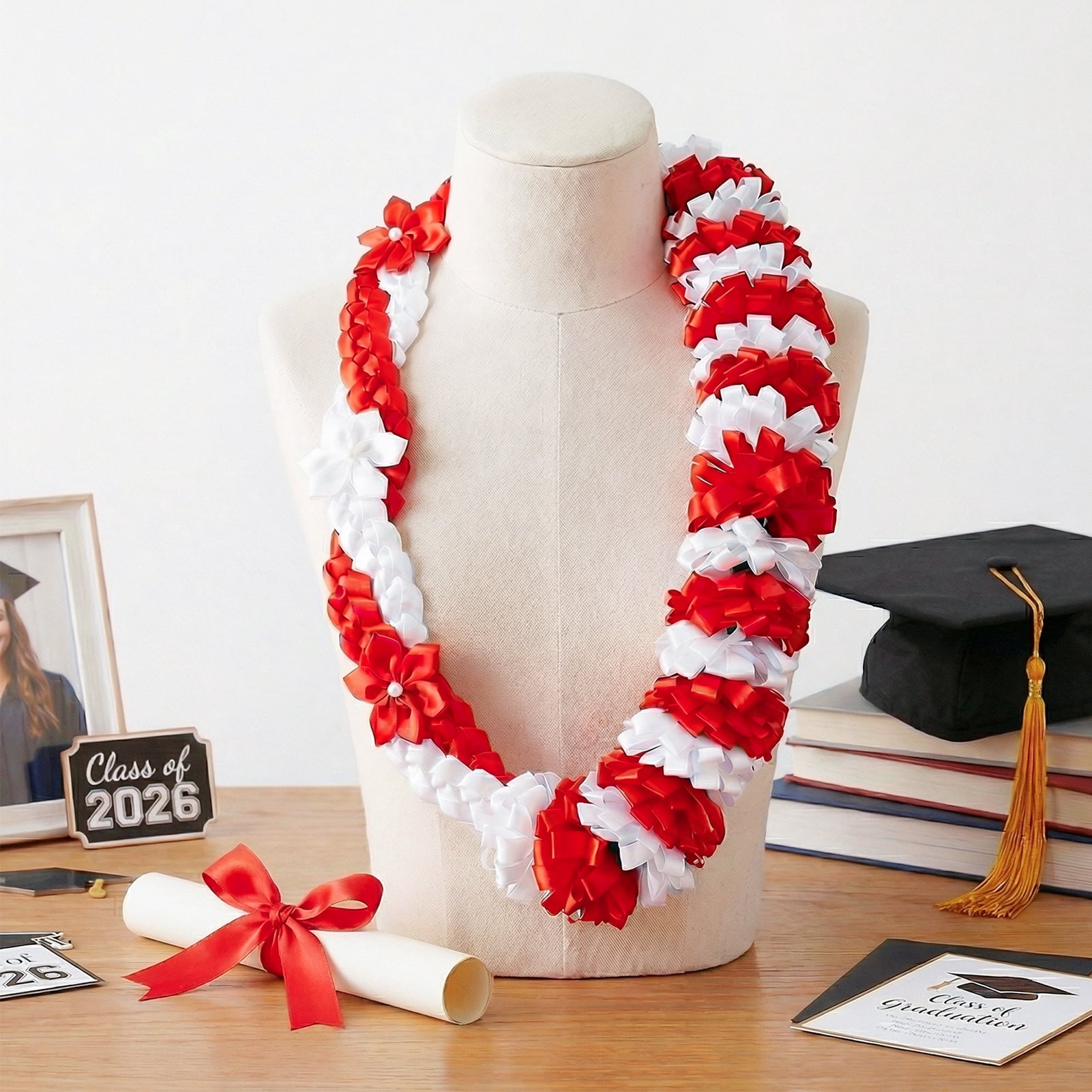 Kicpot Graduation Leis Class of 2026 Grad Ribbon Leis Double Braided Necklace Hawaiian Flower Garland with Metal Graduation Cap Hanging Keepsake Ornament for Him Her Graduation Party Decorations