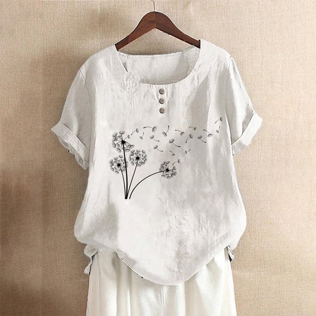 CHOK Hauts en Solde pour Femmes Boutons Col Rond Manches Courtes Imprimé Floral Boutons Coton Lin Vintage