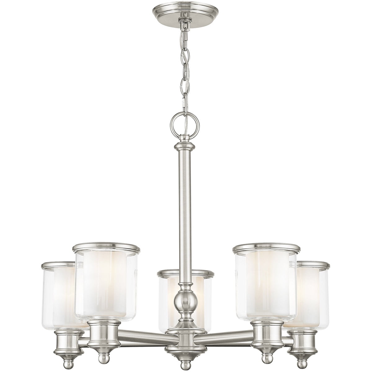 5 Light Brushed Nickel Chandelier with Clear Glass & Satin Opal White Glass Shade
