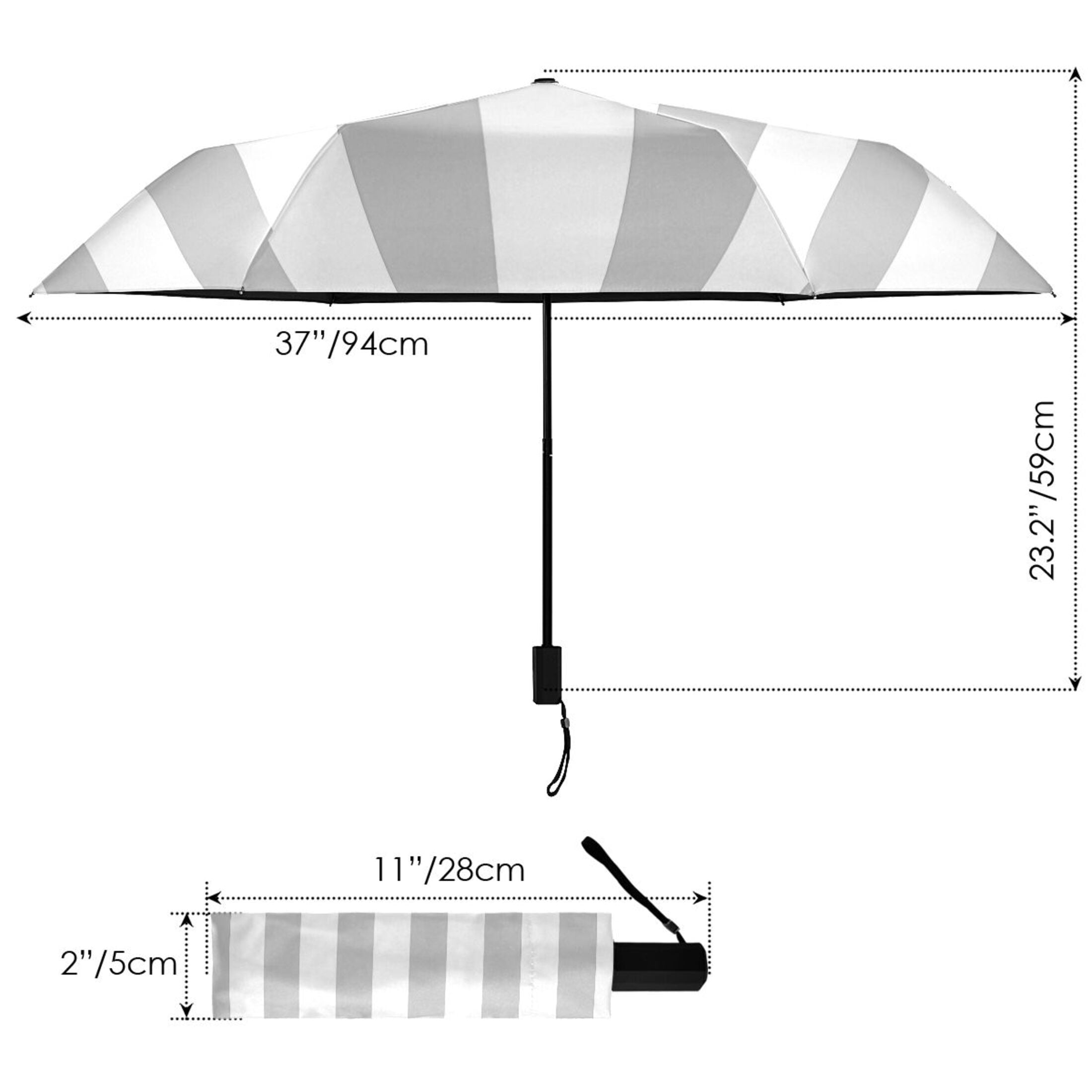 Silver Gray and White Stripes Compact Sun Umbrella Windproof Travel Umbrellas for Rain Strong Portable UV Protection