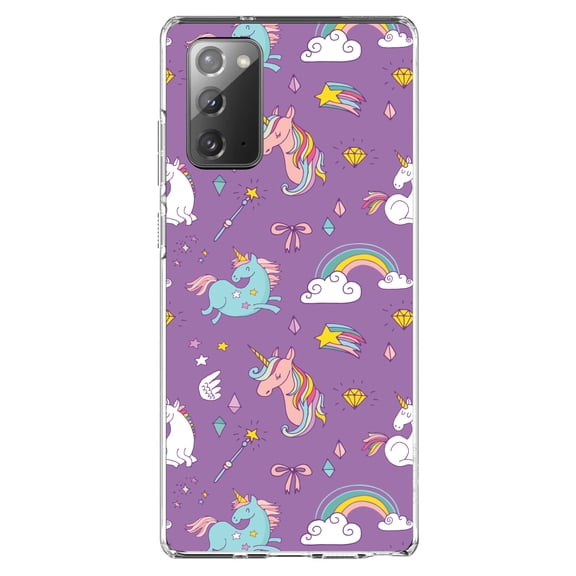DistinctInk Clear Shockproof Hybrid Case for Samsung Galaxy Note 20 (6.7" Screen) - TPU Bumper, Acrylic Back, Tempered Glass Screen Protector - Unicorn Rainbow Wand Pattern - Purple