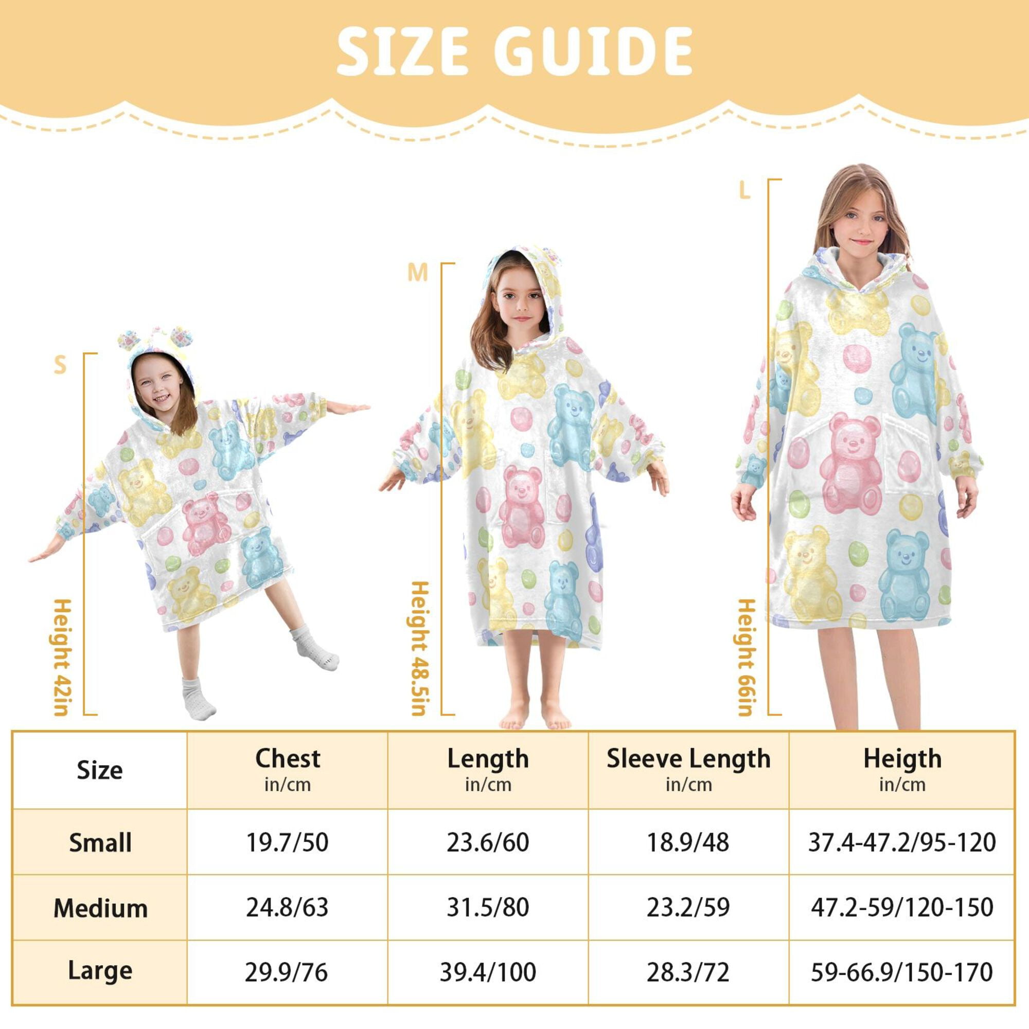 FORMRS Wearable Blanket Hoodie with Sleeves for Kids Cozy Flannel Sweatshirt, Colorful Gummy Bears Pattern