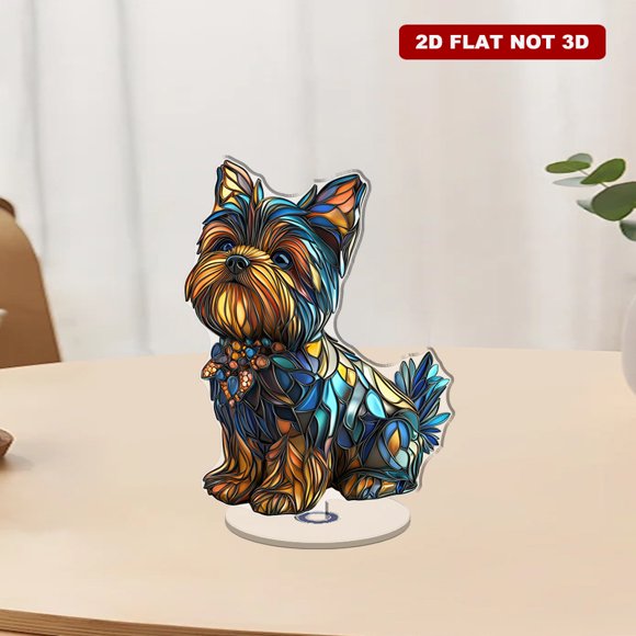 Revolving acrylic ornament showcasing a blue stained glass Yorkshire Terrier with vibrant colors intricate designs and rich texture against a white background