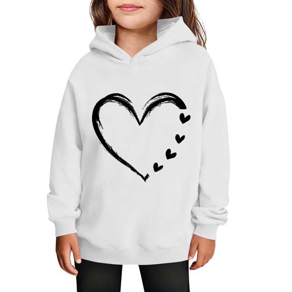 SERTG Girls Valentine's Hooded Sweatshirt Long Sleeve Casual with Heart Print Kids Spring Fall Fleece-Lined Solid Color Everyday Top(White,4 Years)