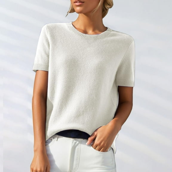 Short Sleeve Sweater Tops for Women Cute Lightweight Crew Neck T Shirts Plain Relaxed Fit Business Casual Tops White XL