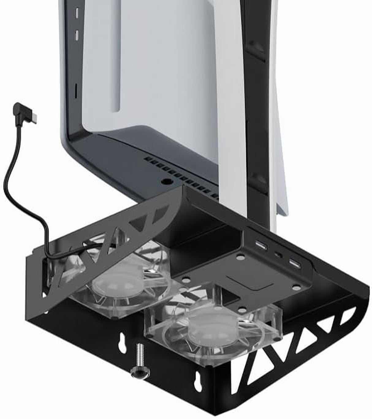Wall Mount for PS5 Pro/Slim/P5 CD-ROM and Digital Edition with Cooling Fan and Handle, Charging Cradle with Headphone Storage Hook and Mounting Bolt Assembly