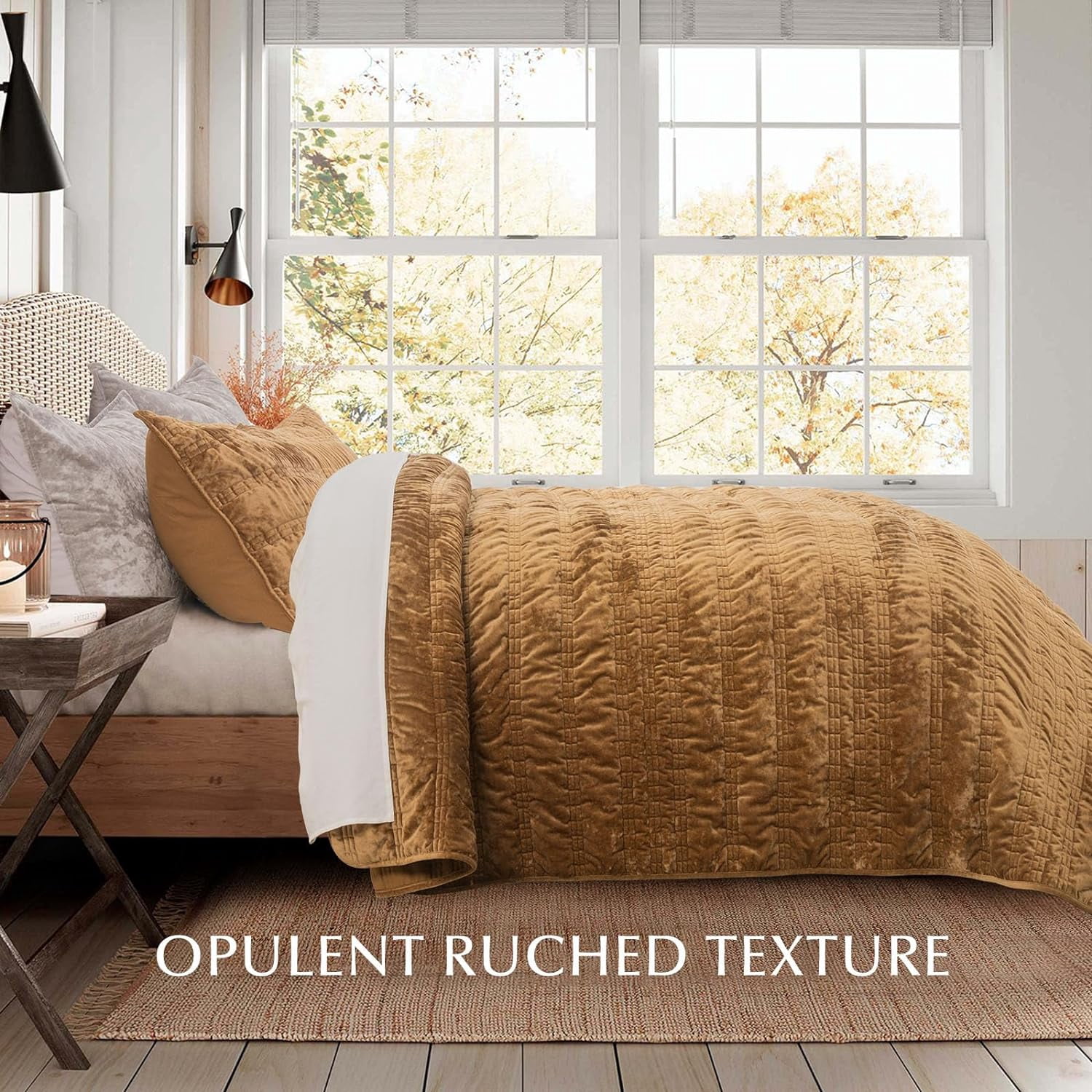 EVERGRACE Luxury Ruched Velvet Quilt King Size, Ultra Soft Bedspread Coverlet Set, Lightweight Velvet Comforter, Quilted Bedding Cover with 2 Matching Shams for All Season, Gold Yellow