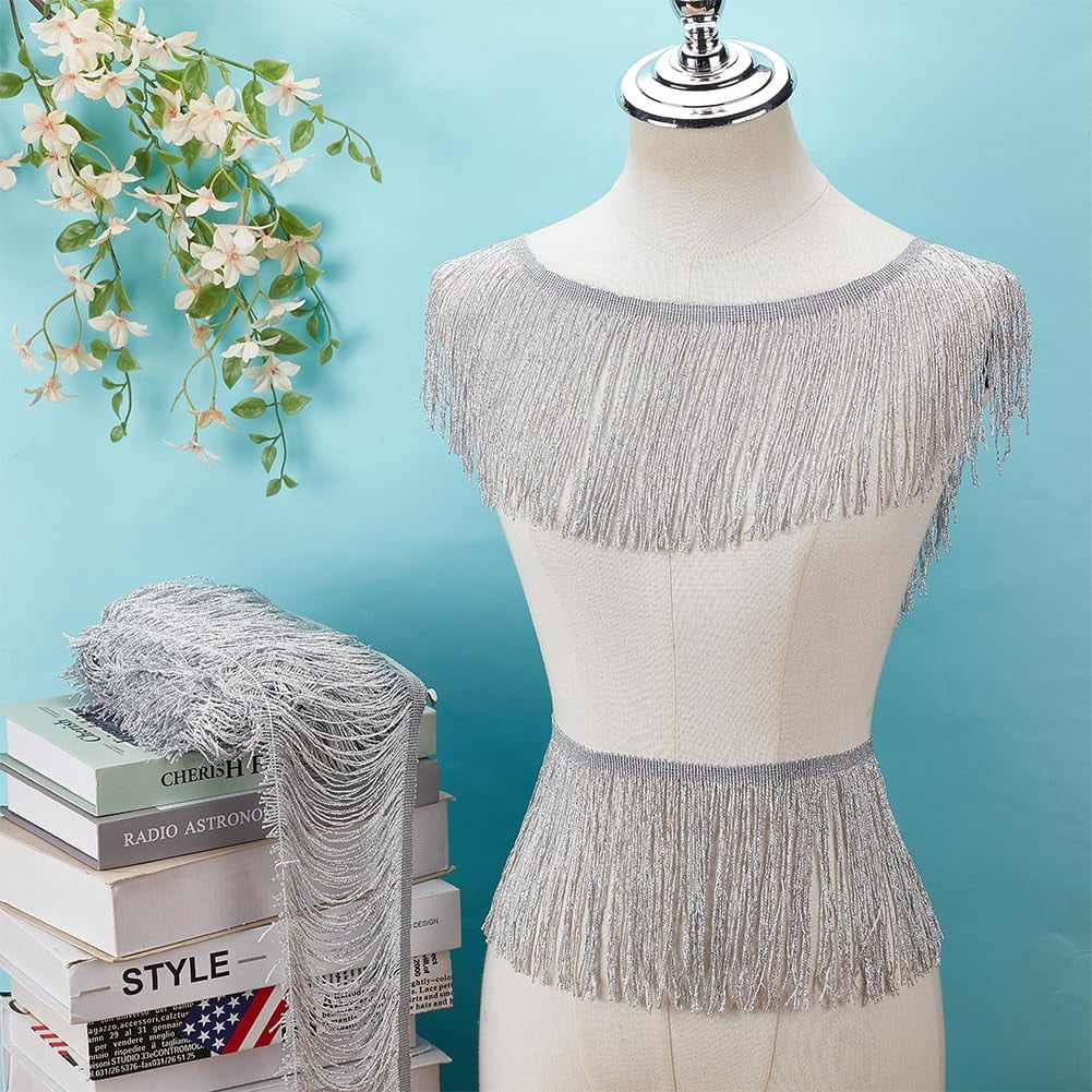1pc 10.9 Yards Glittery Fringes Trim 5-7/8 inch Wide Polyester Tassel Lace Trim Metallic Silver White Fringe Lace Trim Sewing Tassel Lace Trim for DIY Latin Dance Dress Costume Accessories
