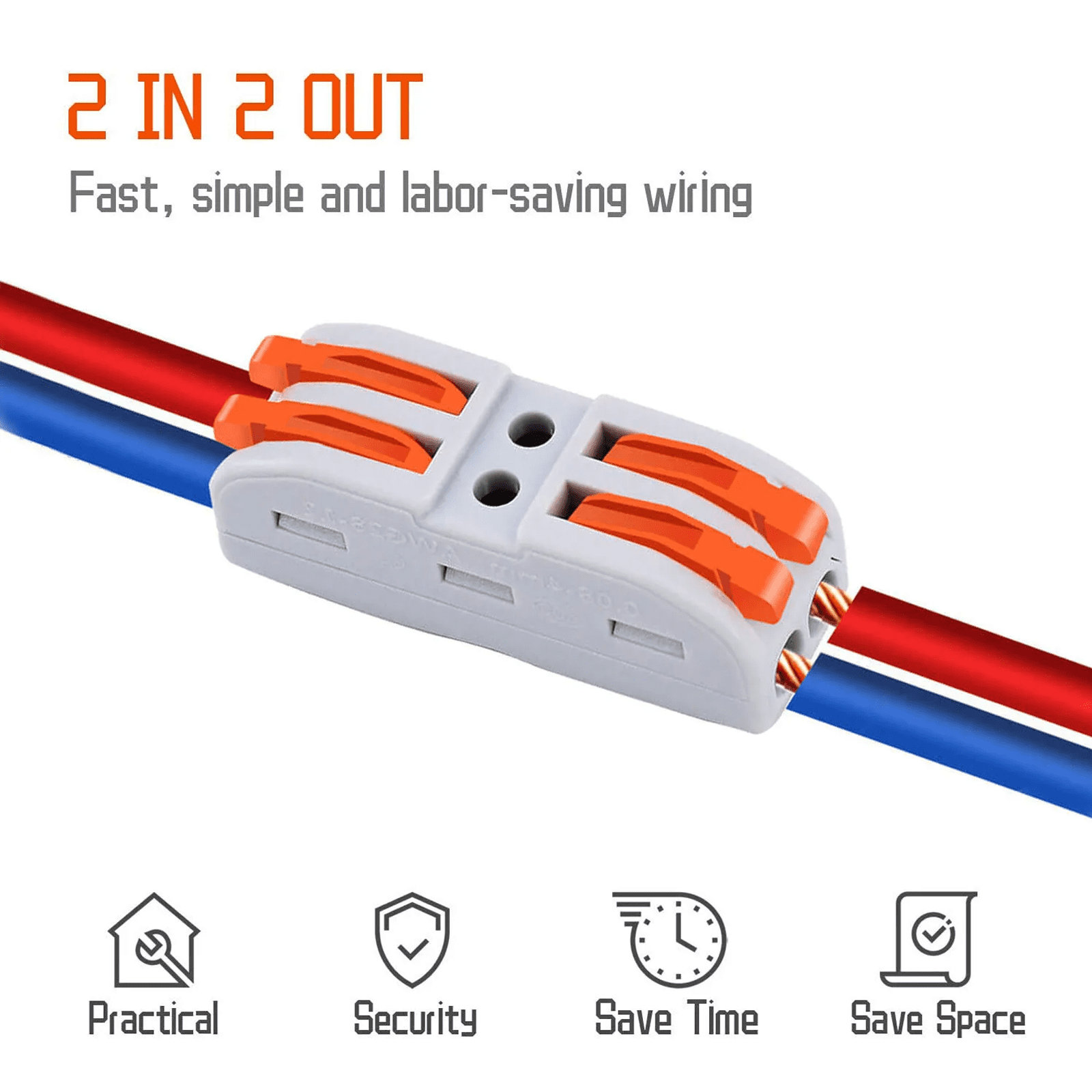 Nineleaf Push Quick Wire Connectors,50PK Electrical Cable Connectors, Max 32A 600V, 2 Pin Wire Connectors for Cables from 28 to 12 AWG, 12 14 16 Gauge Wire Connectors