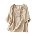 thumbnail image 2 of Njoeus Women's 3/4 Sleeve Embroidered Boho Shirts Summer Peasant Tops Comfy Cotton Blended Tunic Blouses Beach Cover Up, 2 of 5