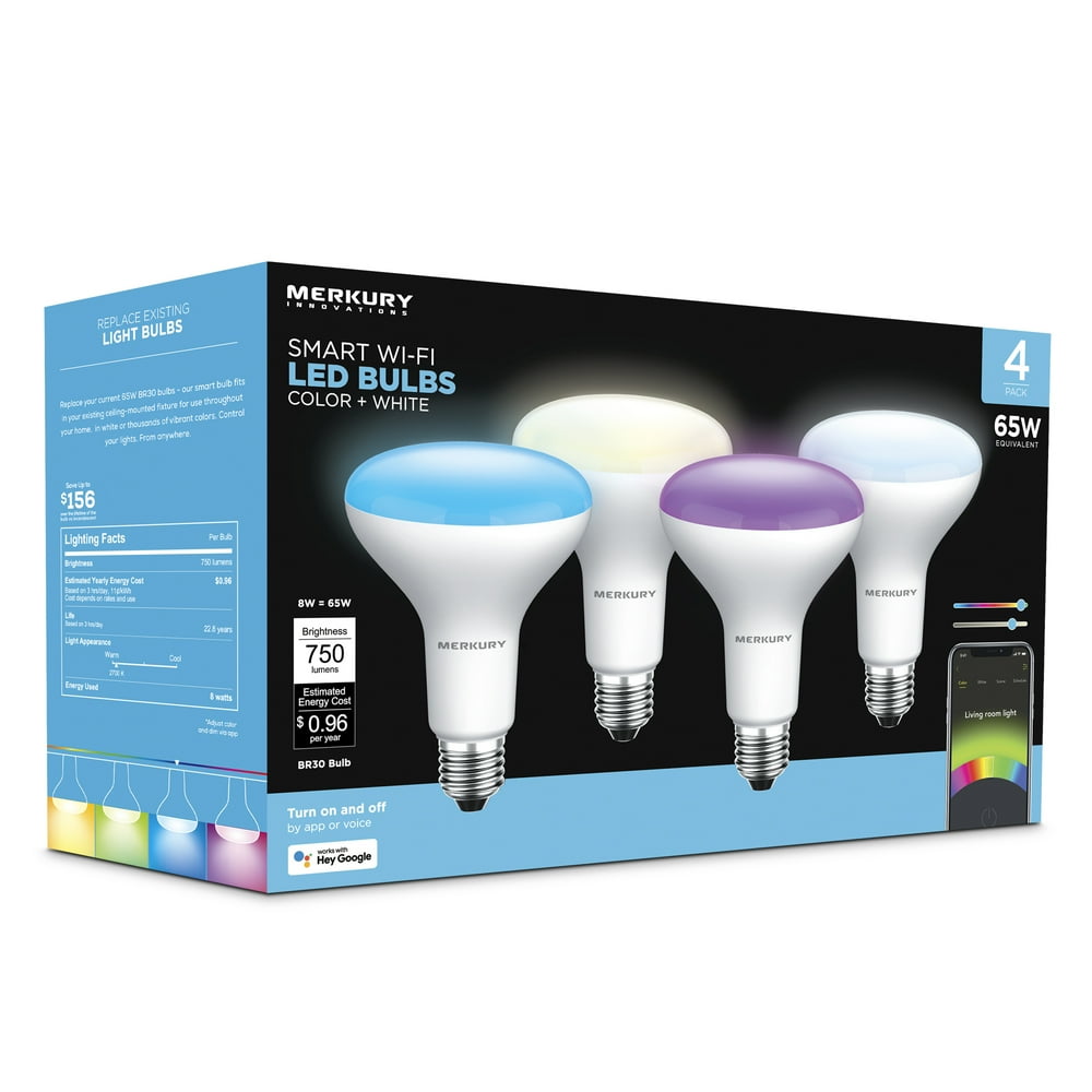 Merkury Innovations BR30 Multicolor Smart Light Bulb with Voice Control (4 Pack)