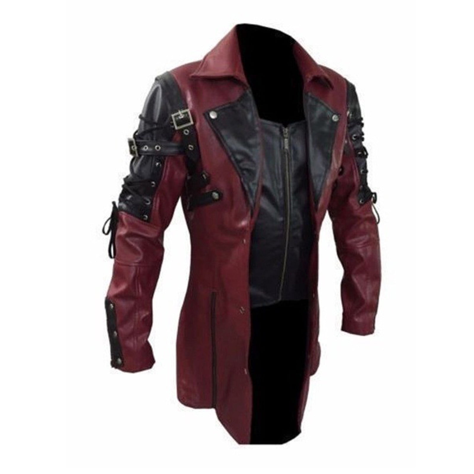 RongHuan Big and Tall Steampunk Jacket Mens Medieval Gothic Frock Coat Patchwork Faux Leather Jackets Lapel Long Sleeve Overcoat